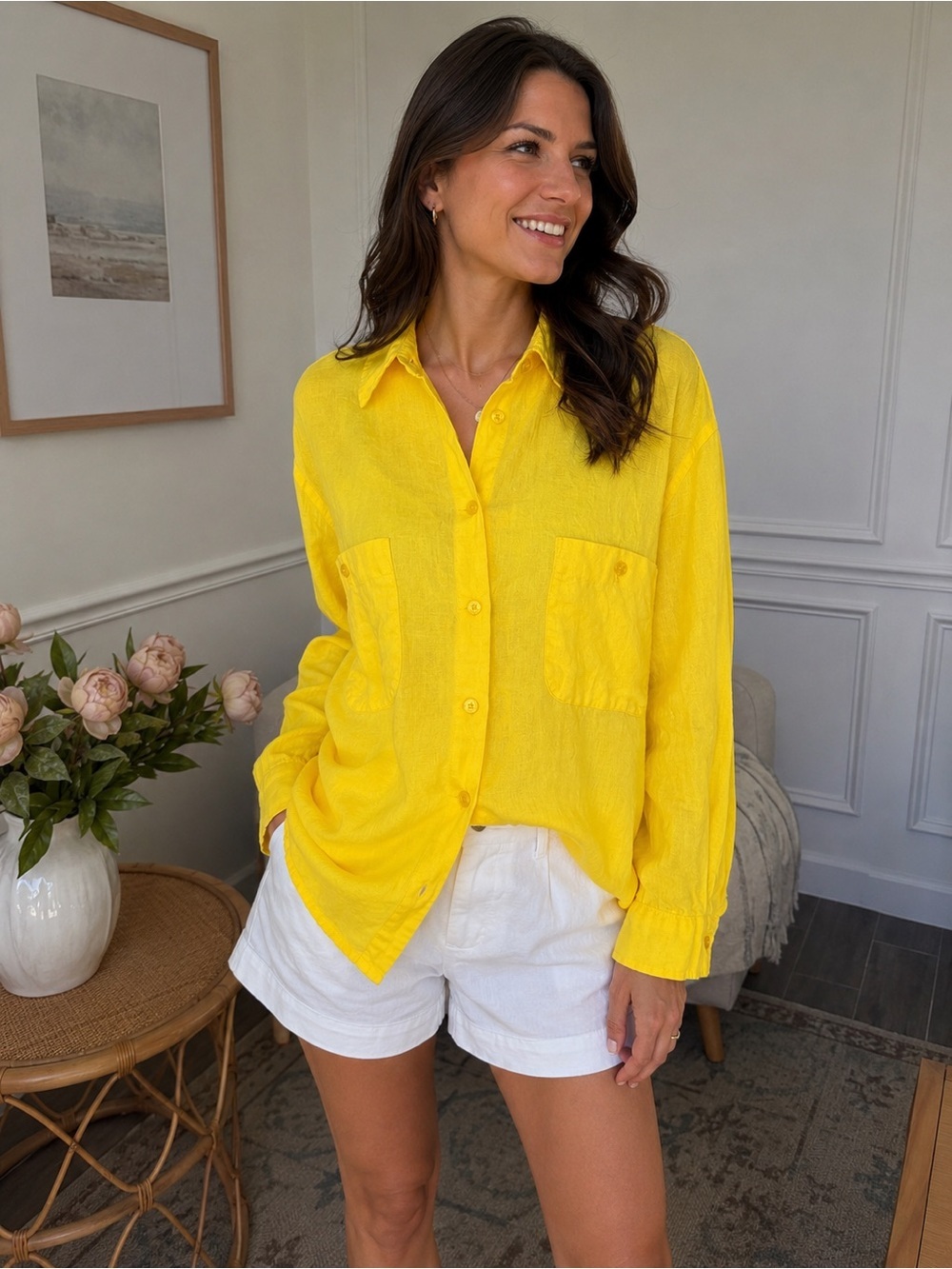 Vintage Y2K Escada Sport 100% Linen Button Down Shirt Yellow S Resort